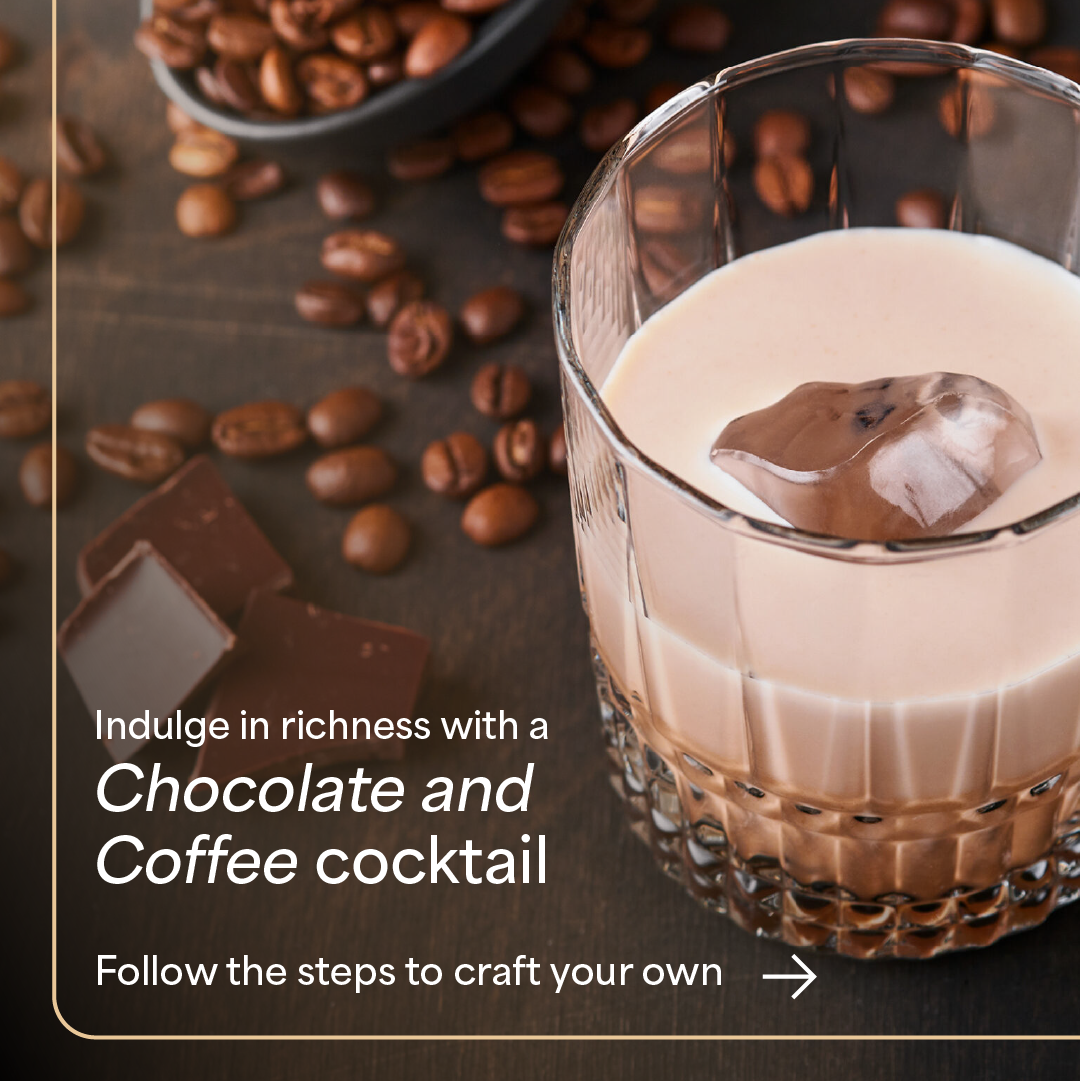 Chocolate and coffee cocktail in a glass with ice, coffee beans, and text about crafting the drink