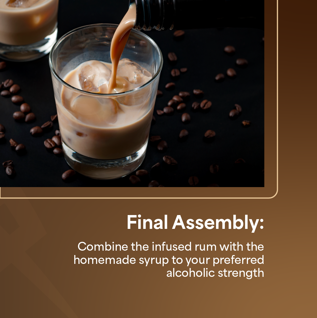 Coffee cocktail being poured into a glass, with coffee beans scattered on a dark surface and caption text below.