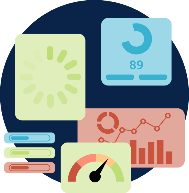 Dashboard-style analytics icons with charts, gauge, loading symbol, and data cards on a dark blue circle