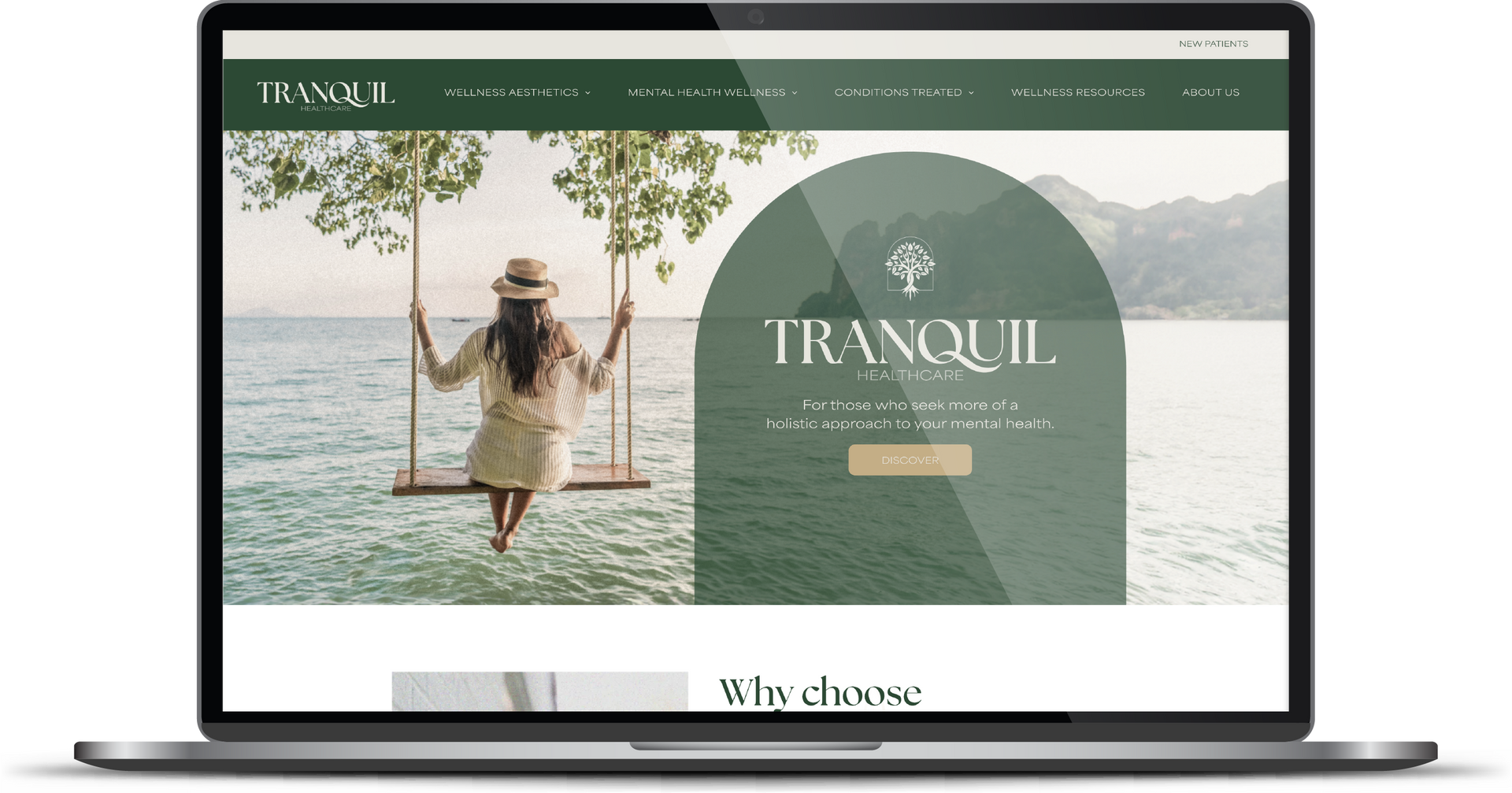 Laptop screen showing a travel website with a person on a swing by the sea and the word “TRANQUIL”