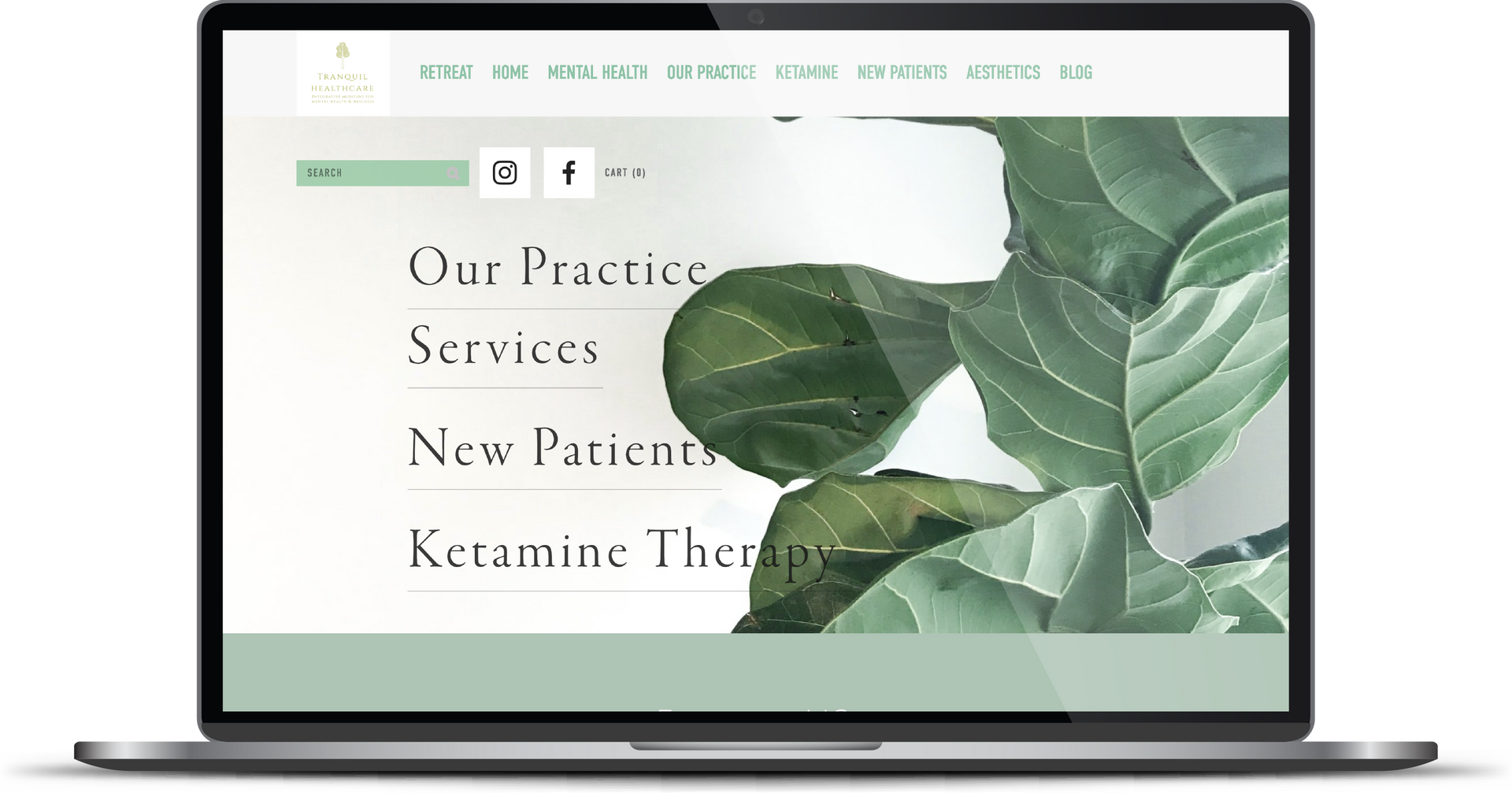 Laptop displaying a website with leafy green design and menu items like “Our Practice” and “Services”