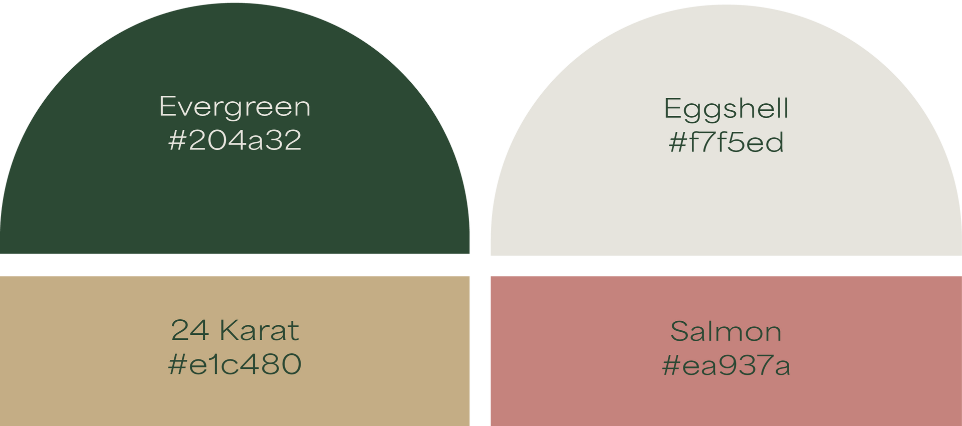 Color palette with four labeled swatches: Evergreen, Seashell, 24 Karat, and Salmon.