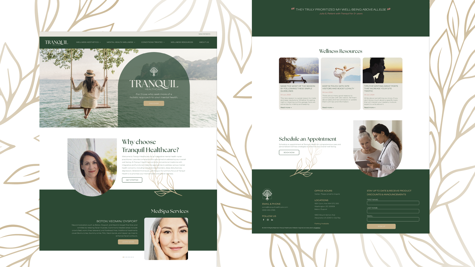 Collage of a green and beige website design with photos, text blocks, and leaf accents