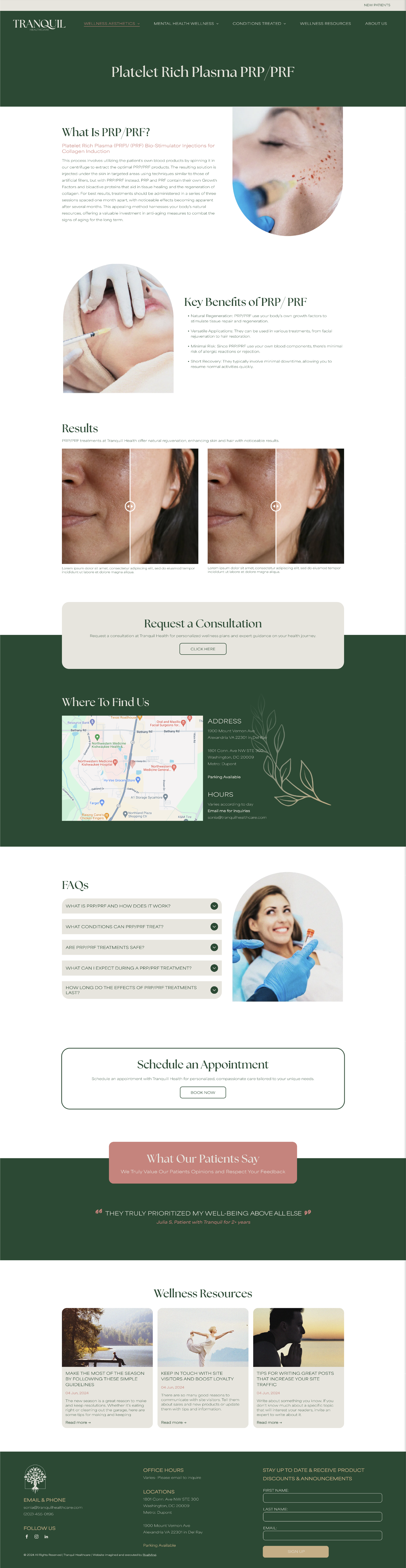 Vertical collage of a minimalist spa/beauty website with green accents, photos, and Japanese text sections