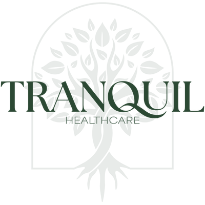 TRANQUIL Healthcare logo with a stylized pale gray tree and green text on a white background