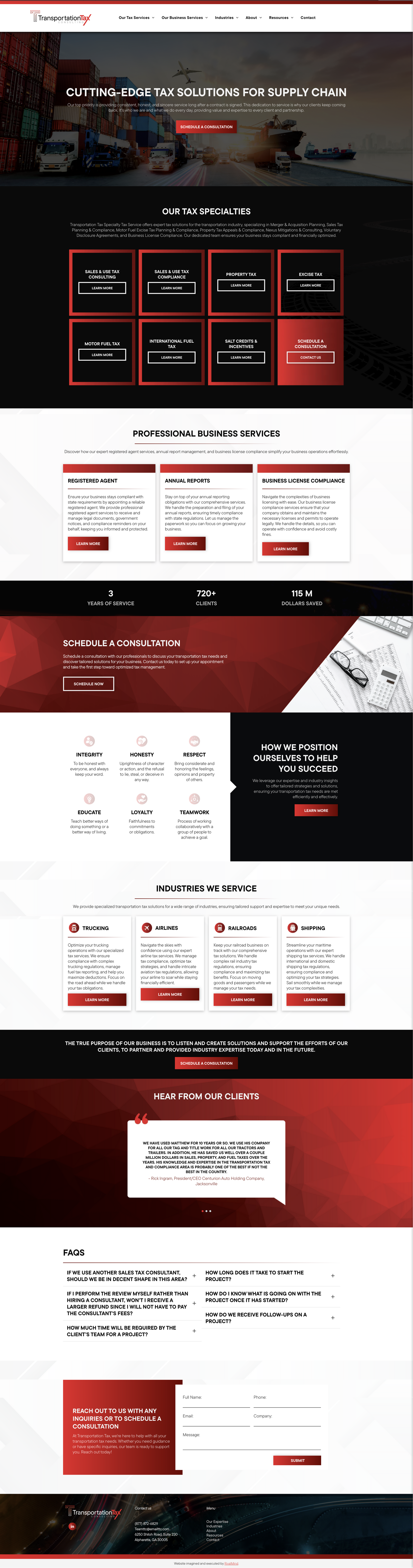 Tall red-and-black website homepage screenshot with hero banner, navigation, feature cards, and pricing sections