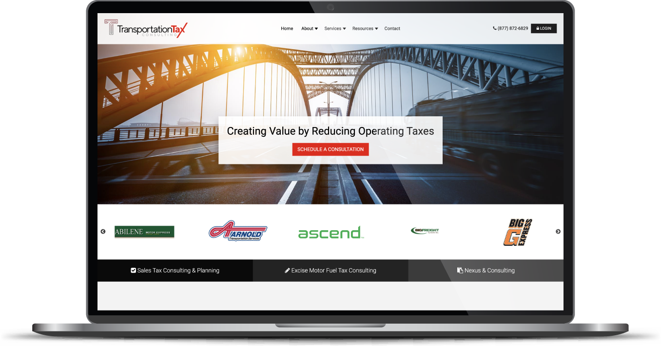 Laptop displaying a transportation company website with bridge banner and multiple partner logos