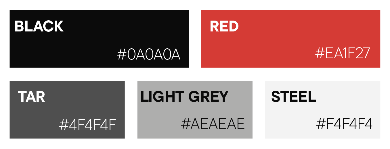 Color palette with labeled swatches: black, red, tar, light grey, and steel, each with hex codes.