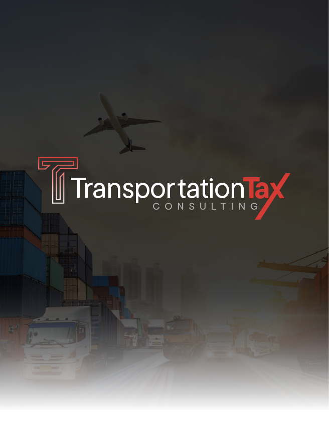 TransportationTax Consulting logo over a dark logistics scene with truck, containers, and airplane in flight