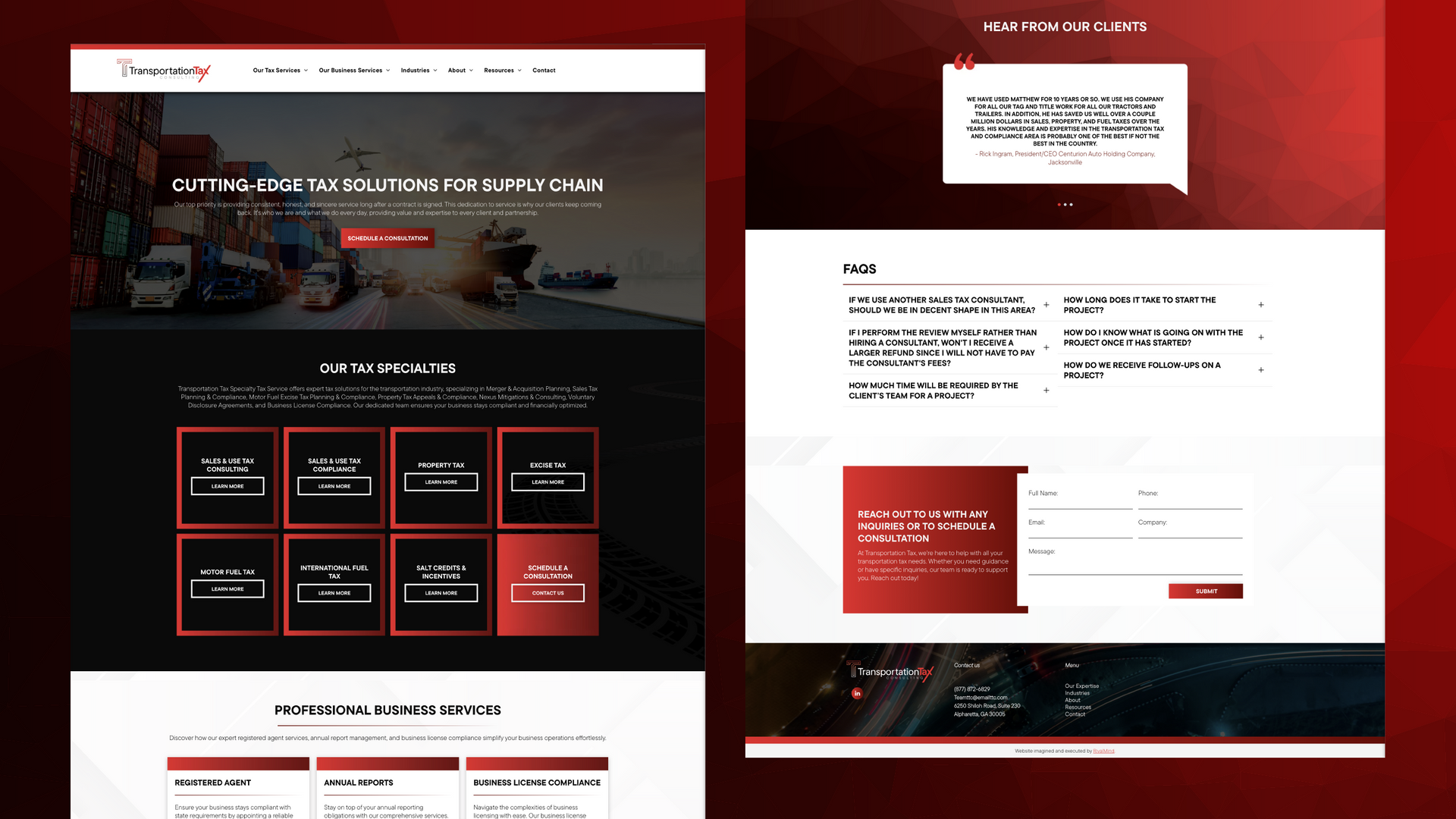 Red and black website landing page and contact form with white content panels and card grid