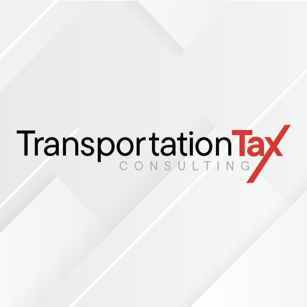 Transportation Tax Consulting logo in black and red on a light gray geometric background
