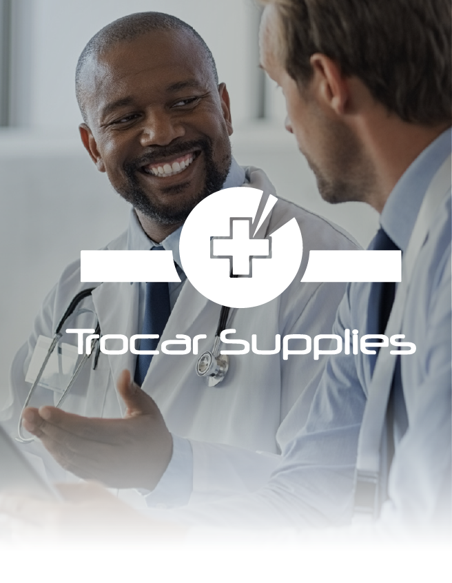 Two doctors in white coats talking with Trocar Supplies logo overlayed
