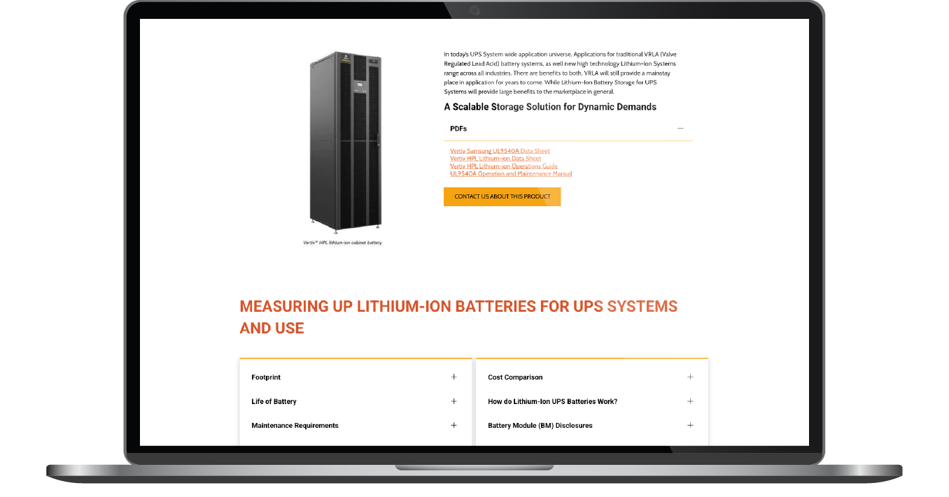 Laptop displaying a web page for a black server tower with orange call-to-action buttons and product details