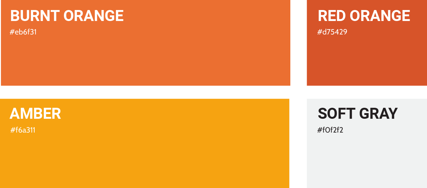 Four color swatches labeled Burnt Orange, Red Orange, Amber, and Soft Gray.