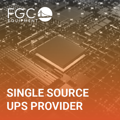 FGC Equipment logo over circuit board graphic with text “Single Source UPS Provider”