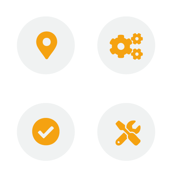 Four orange icons in gray circles: location pin, gears, check mark, and tools.