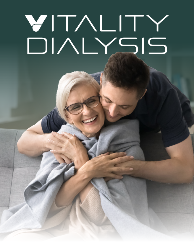Vitality Dialysis logo over a smiling couple hugging on a gray couch