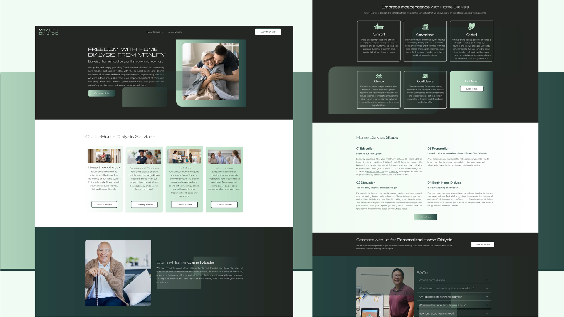 Collage of dark-green website pages with text blocks, cards, and photos, showing a modern clean layout