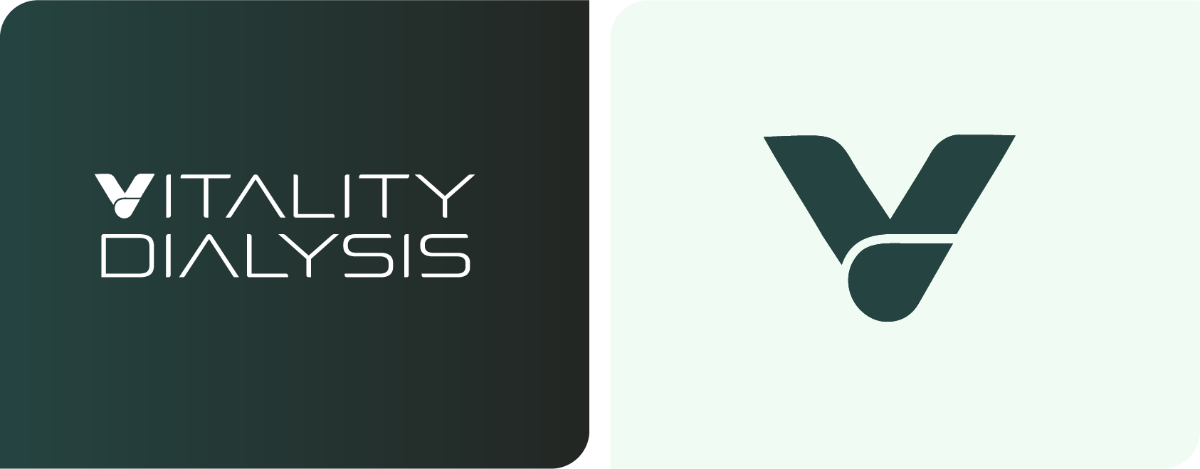 Vitality Dialysis logo on dark green and light mint background