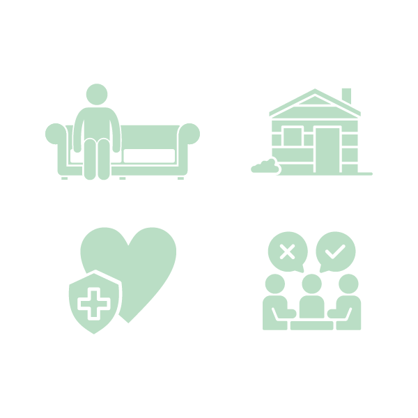 Mint-green healthcare icons: person on couch, house, heart with medical cross, and group meeting with check/cross symbols