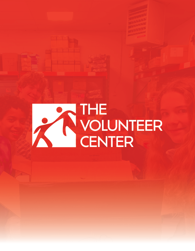 Red Volunteer Center logo over a blurred volunteer office background