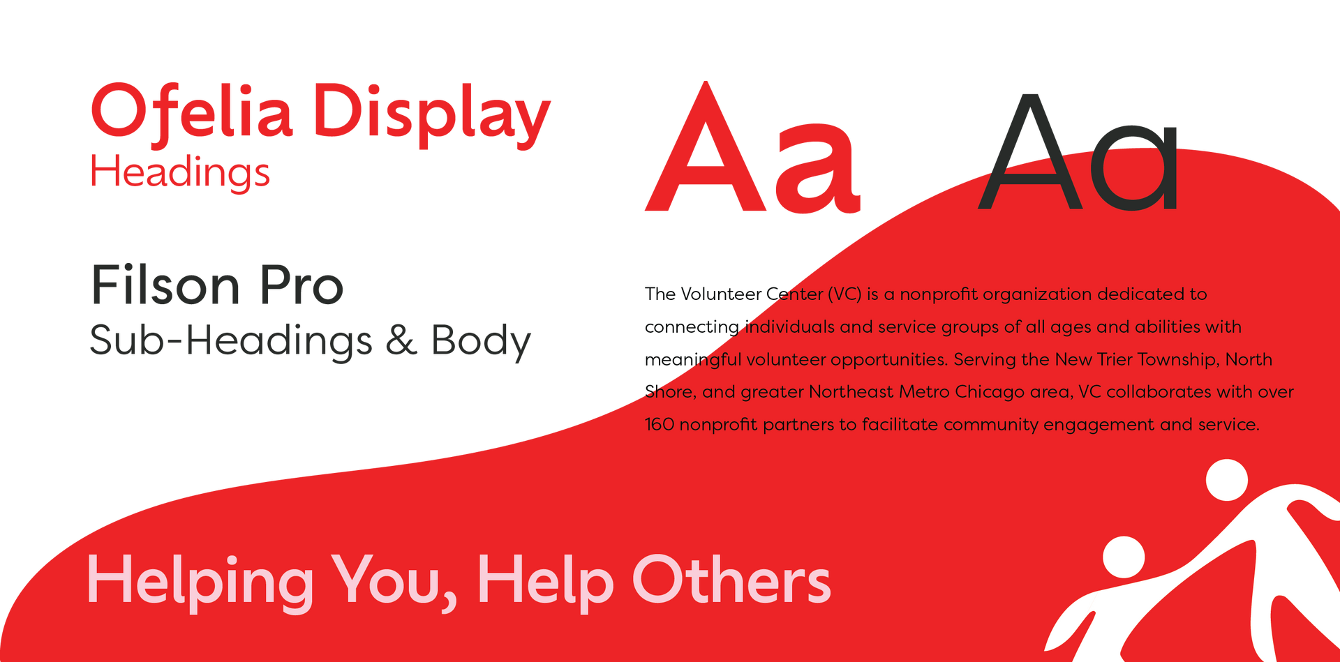 Brand sample with red and black typography, “Ofelia Display” and “Filson Pro,” on a white and red background.