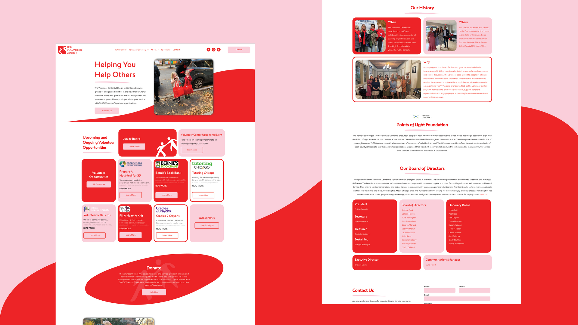 Red-and-pink webpage mockups shown side by side with cards, photos, and text blocks