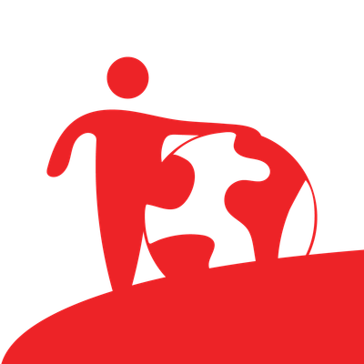 Red abstract logo of a person beside a globe-like sphere with white shapes on a red base