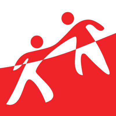 Two stylized white figures climbing a red slope, connected by a line