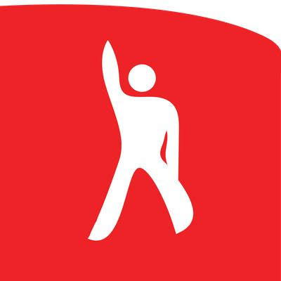 White walking figure with raised arm on a red background icon