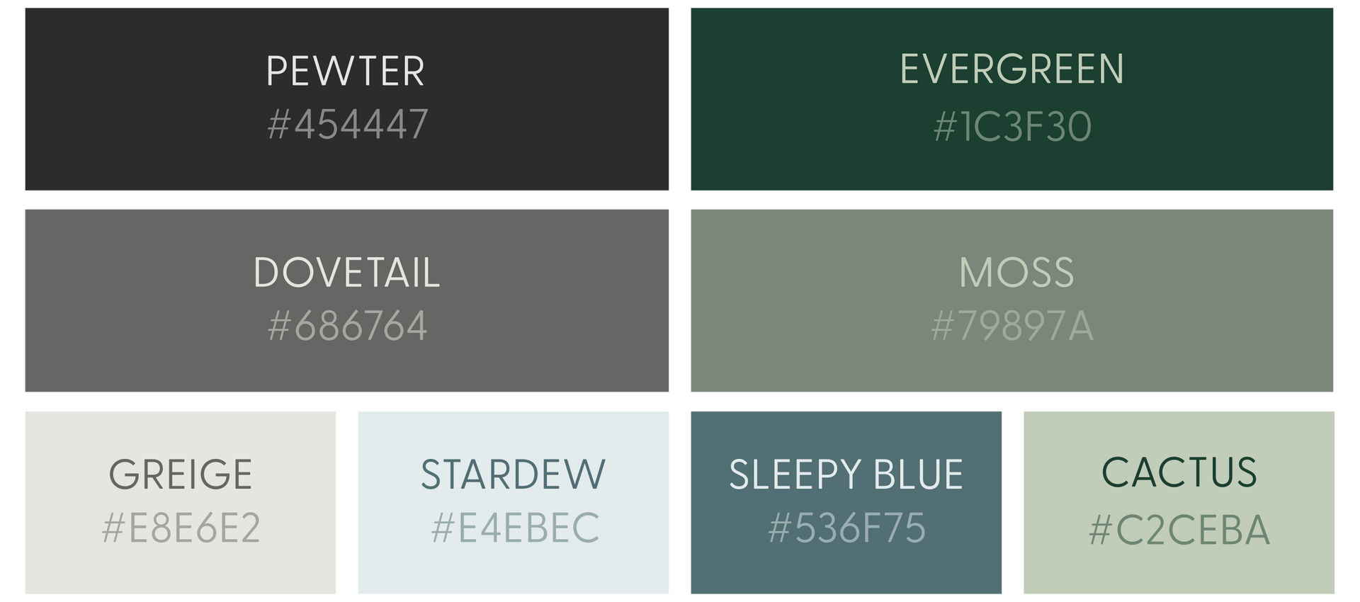Color palette of eight labeled muted shades: pewter, evergreen, dovetail, moss, greige, stardew, sleepy blue, cactus
