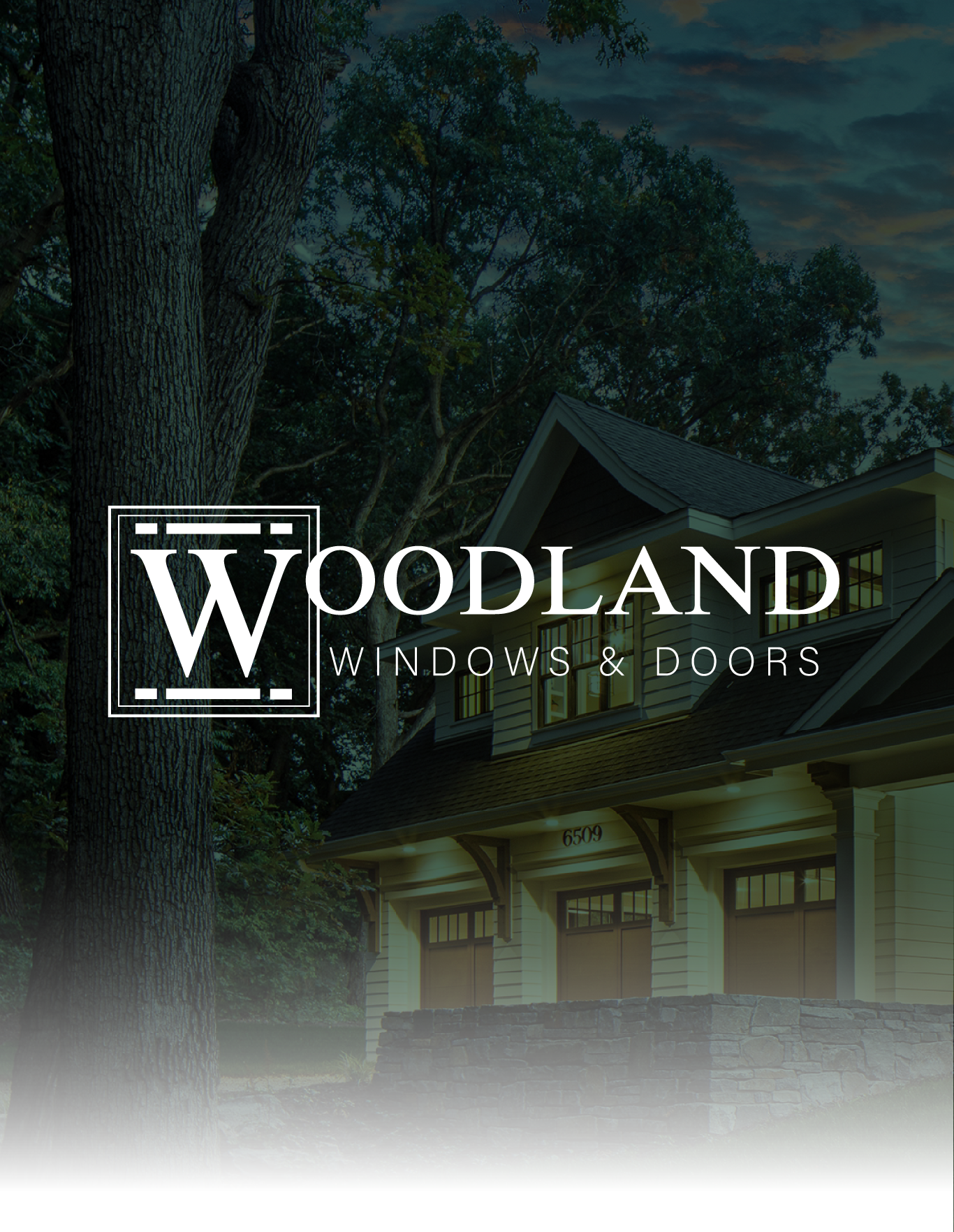 Woodland Windows & Doors logo over a dark wooded house exterior at dusk