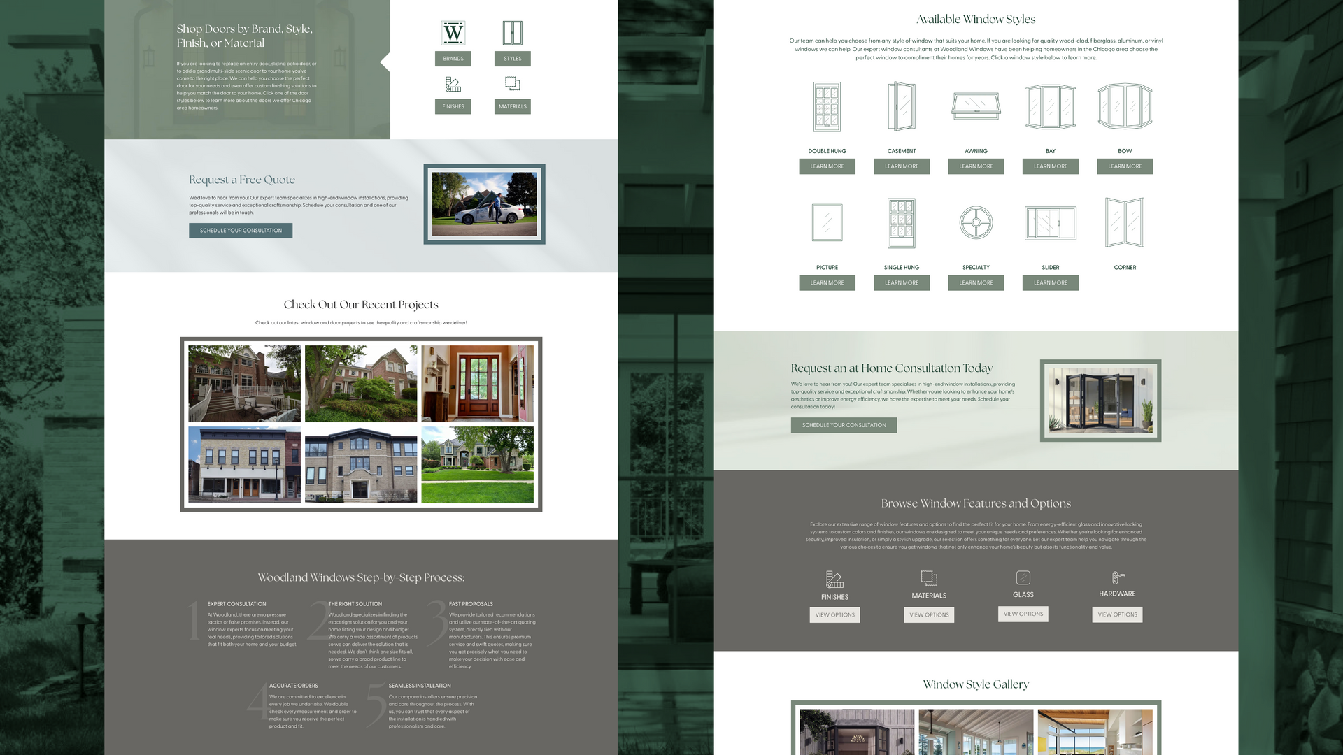 Two-page real estate brochure layout with green accents, floor plans, and house photos