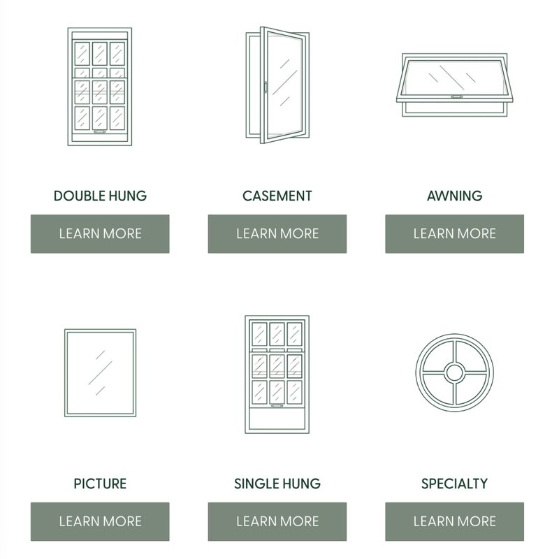 Window type selection menu with six line-drawn window icons and “Learn More” buttons underneath.