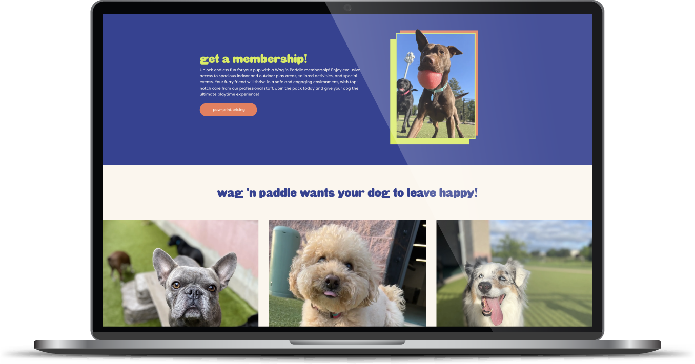 Laptop screen showing a dog adoption website with pet photos and a blue header.