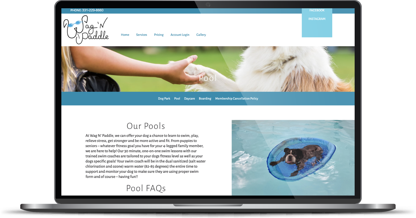 Laptop showing a pet-care website with a dog photo and a turtle image on the page