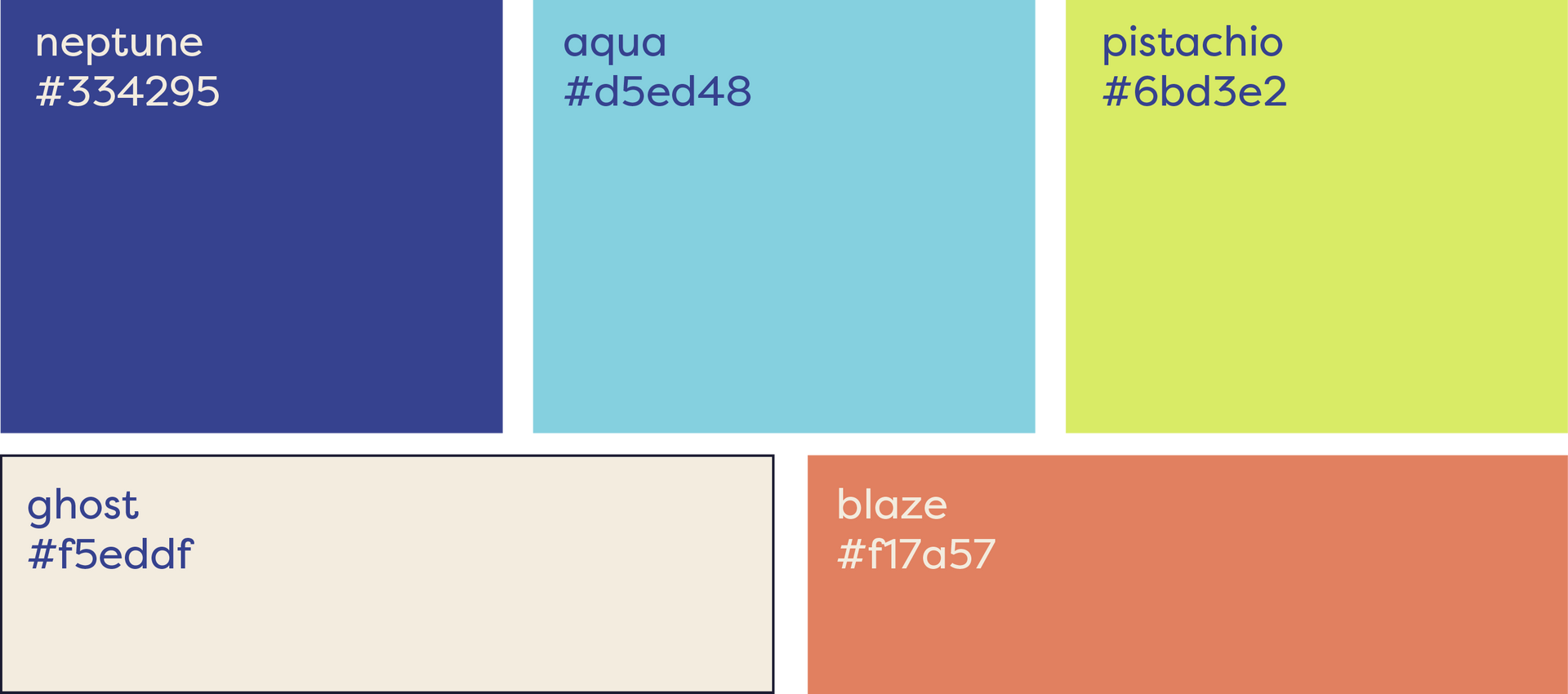Color palette swatches labeled neptune, aqua, pistachio, ghost, and lava with hex codes