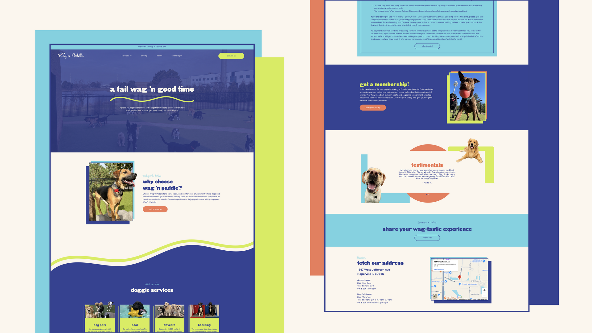 Two website mockups with navy, aqua, and cream layouts, featuring profile cards, content blocks, and buttons.