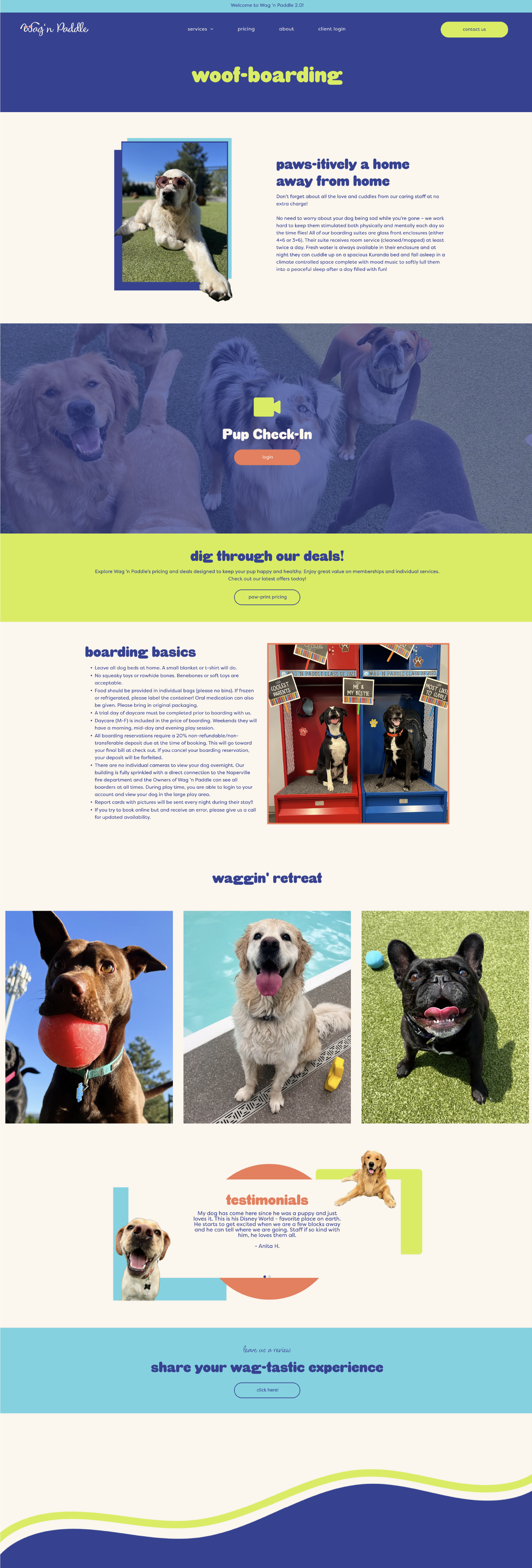 Pet adoption webpage with dog photos, blue-purple panels, and bright yellow section headings