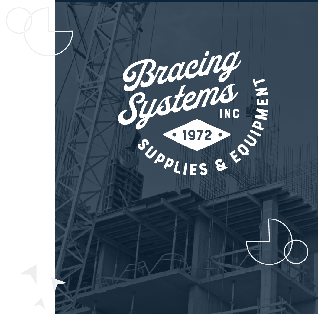 Bracing Systems logo over a dark blue industrial scaffolding background, with “Since 1972” and “Supplies & Equipment”
