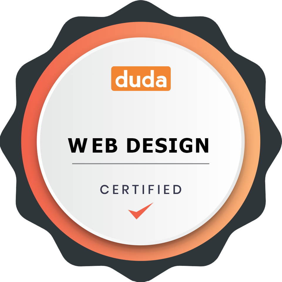 Duda web design certified badge with black and orange seal