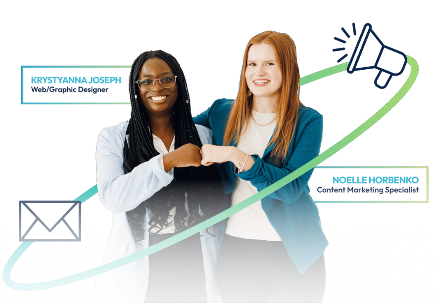 Two women standing together with clasped hands, email and megaphone icons, and name labels on a white background