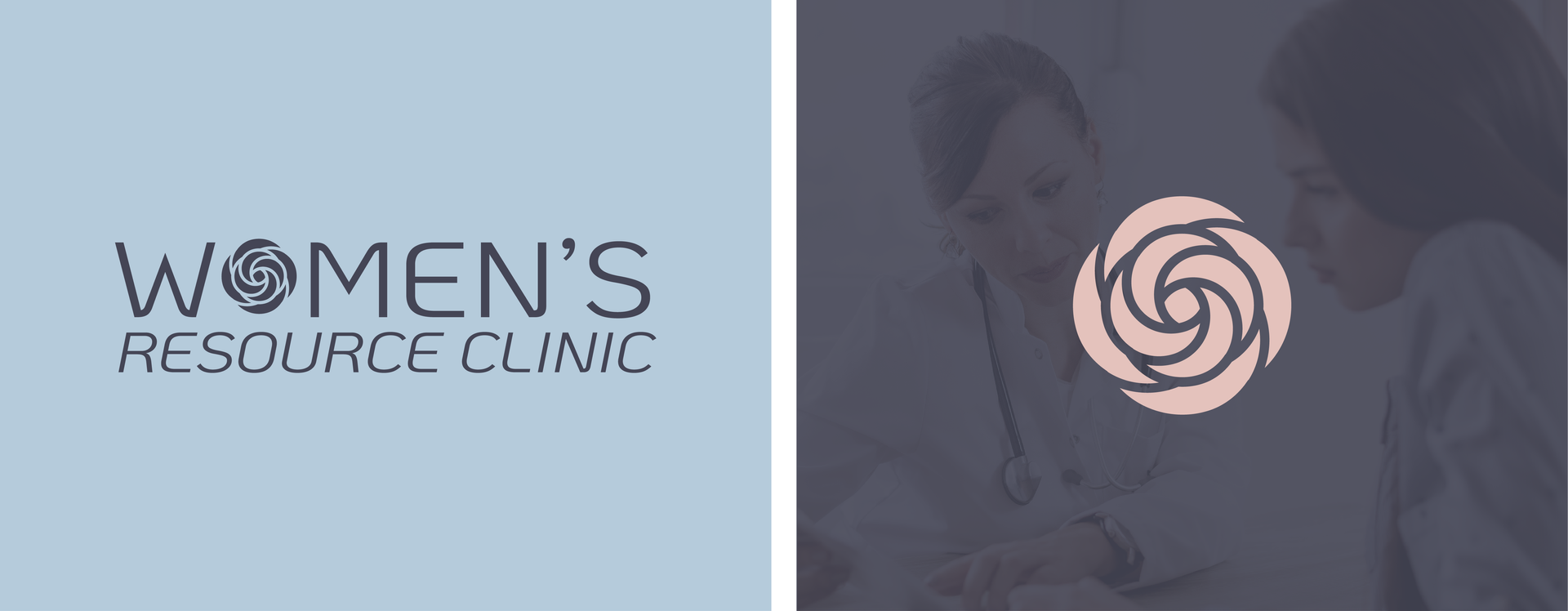 Women’s Resource Clinic logo with soft blue background and pink swirl emblem over faint doctor-patient scene
