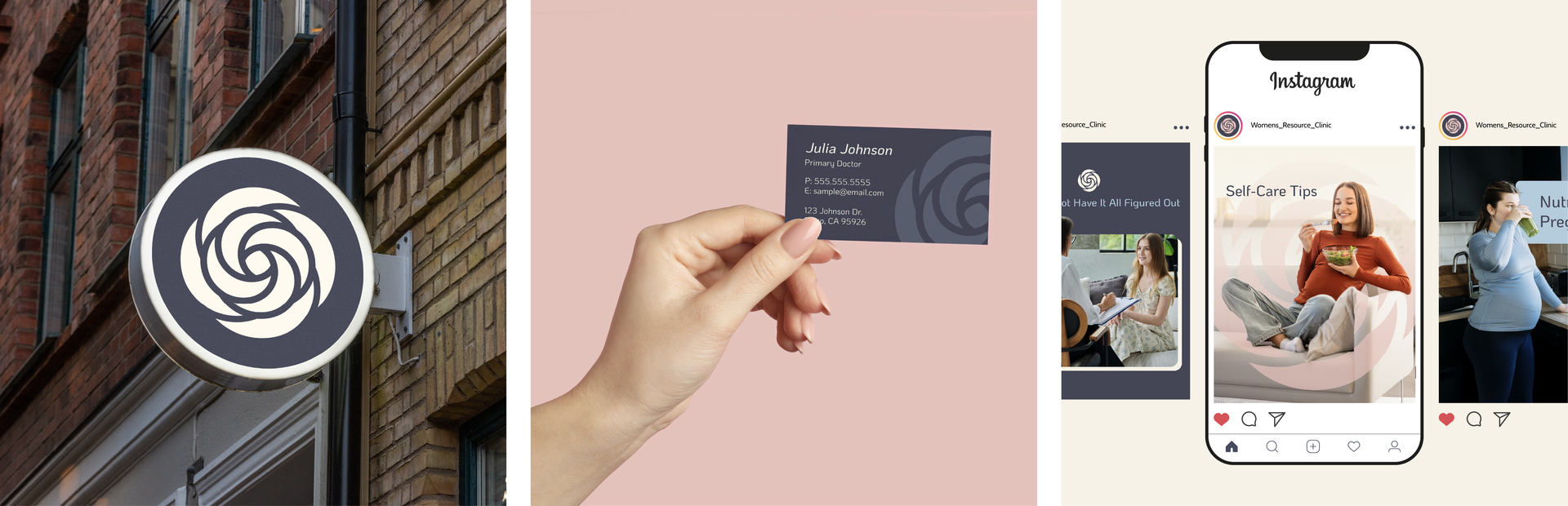 Logo and branded card mockups for a spiral-themed app on a pink background