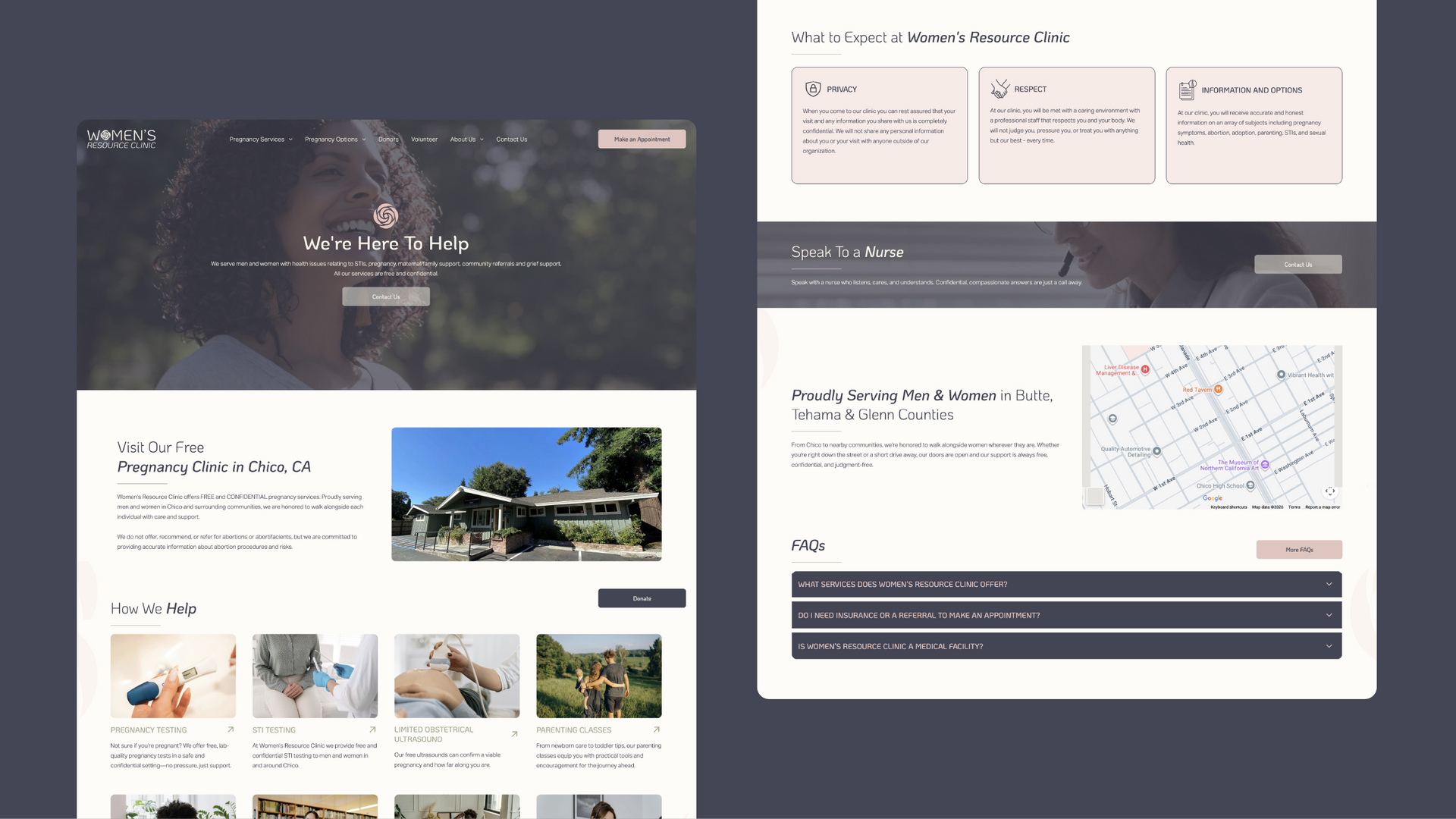 Website mockup with dark hero banner, white content cards, and a contact form/map layout