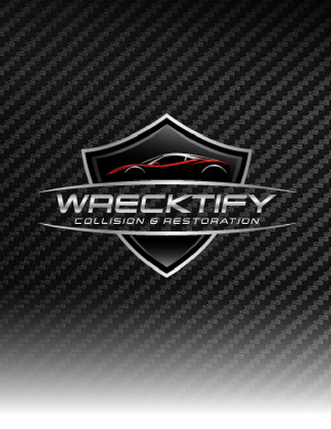 Wrecktify Collision & Restoration logo on a dark carbon-fiber background with red accents