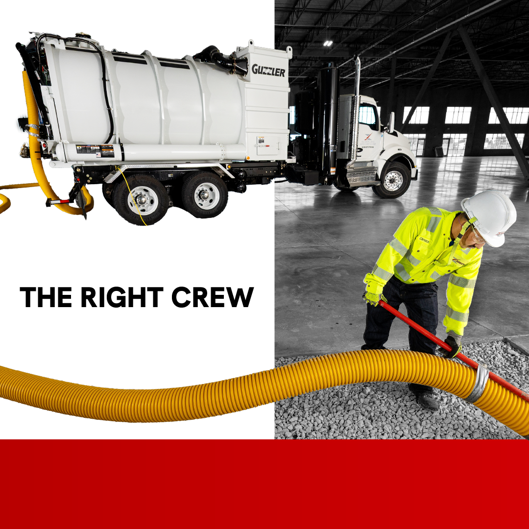 Crew cleaning a storm drain with a vacuum truck and hose, with “THE RIGHT CREW” text.