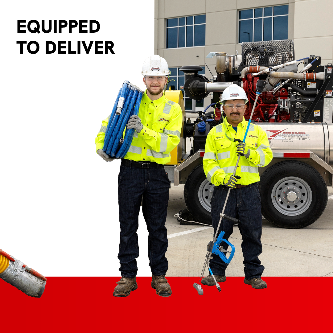 Two utility workers in high-vis gear beside a service truck, one holding blue equipment, with “EQUIPPED TO DELIVER” text.