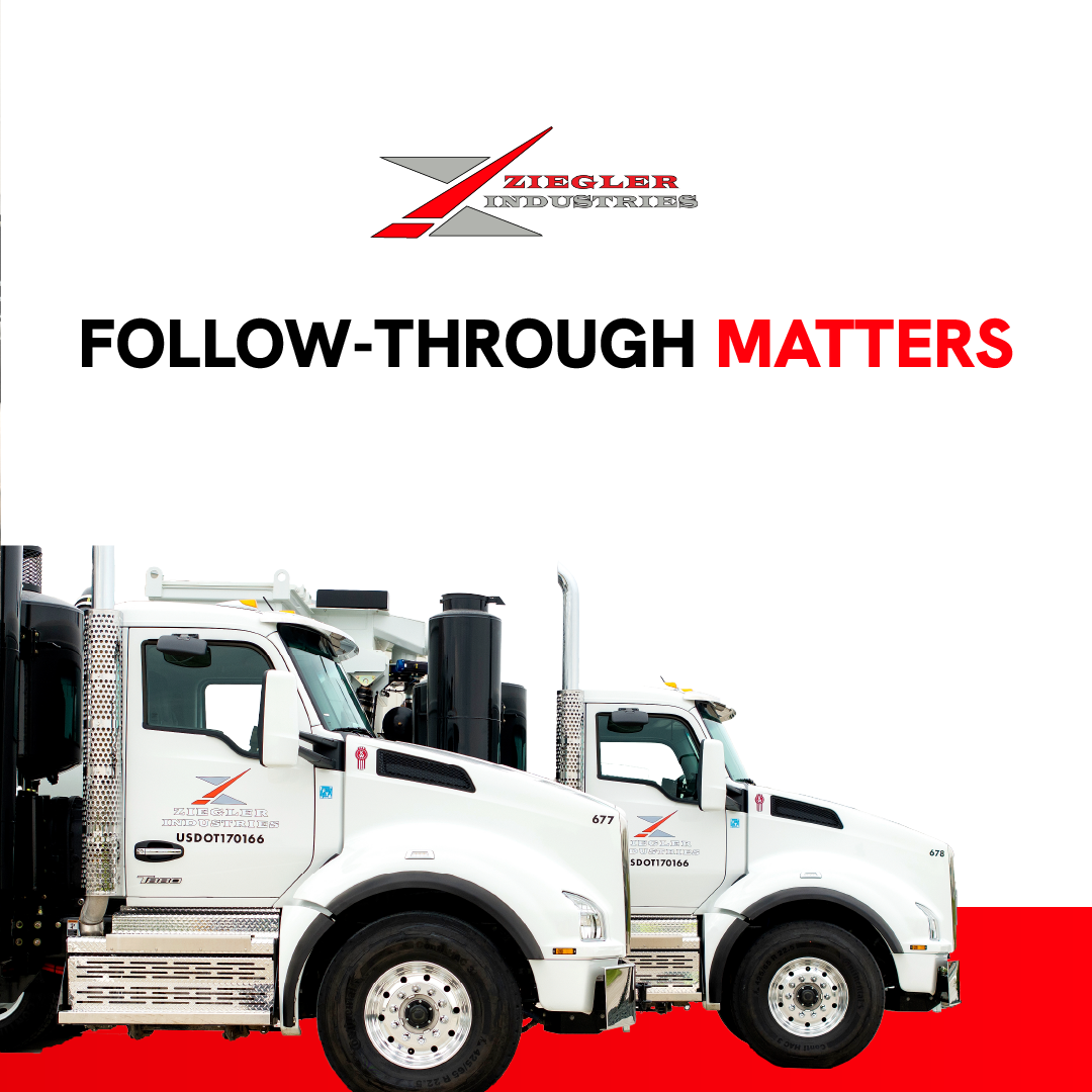 Two white dump trucks under “FOLLOW-THROUGH MATTERS” text and a company logo