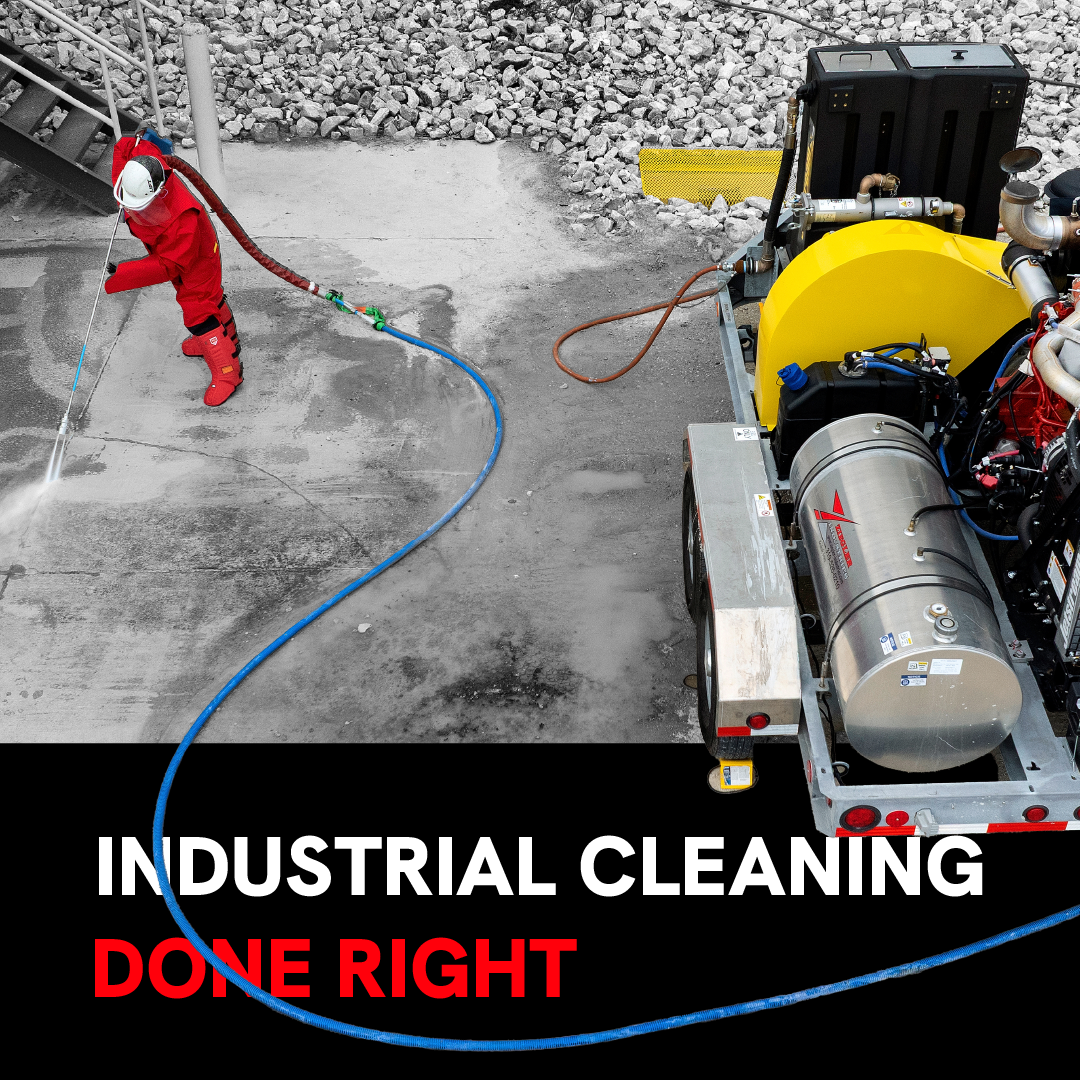 Industrial worker cleaning concrete with hose beside industrial equipment; text reads “INDUSTRIAL CLEANING DONE RIGHT”